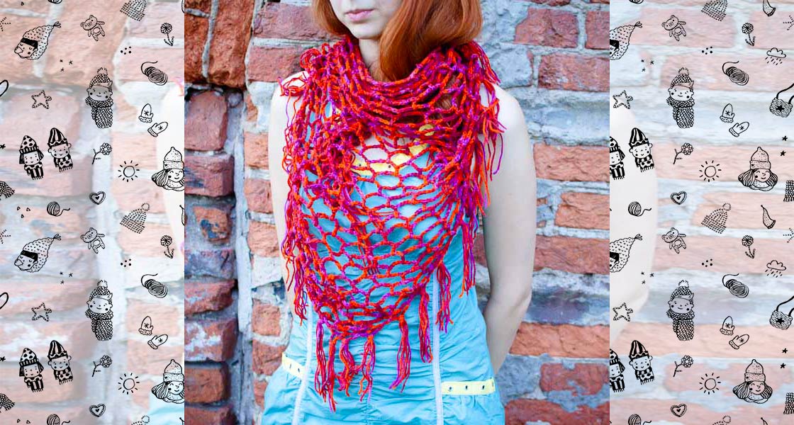 Вязаный шарф-шаль Красный ажурчик